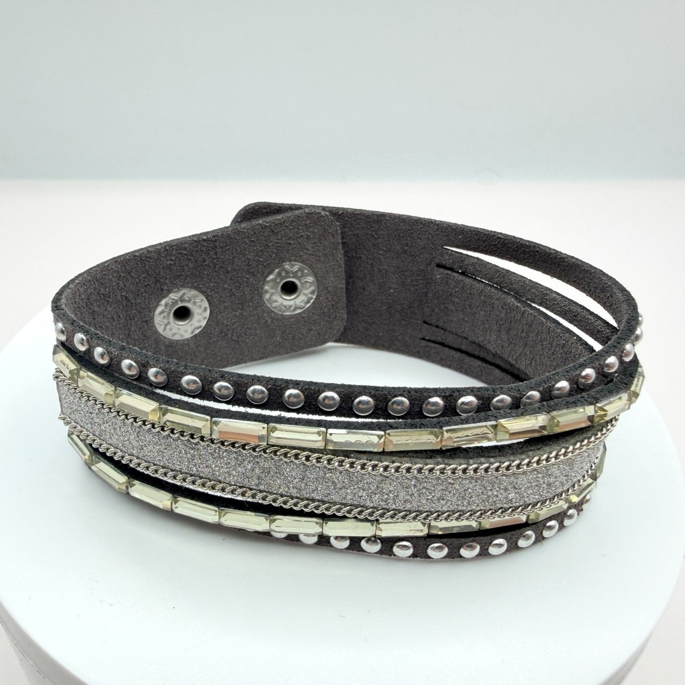 Vintage Gray Faux Suede Rhinestone Cuff Bracelet - Chunky Layered Design